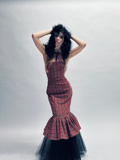 PLAID FLARE MERMAID GOWN