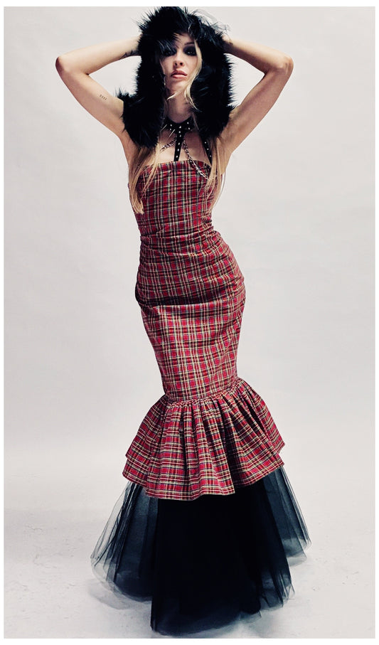 PLAID FLARE MERMAID GOWN